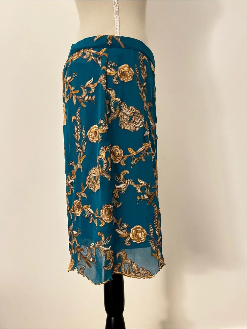Yoana Baraschi Teal Skirt with Gold Floral Embroidery Size 6